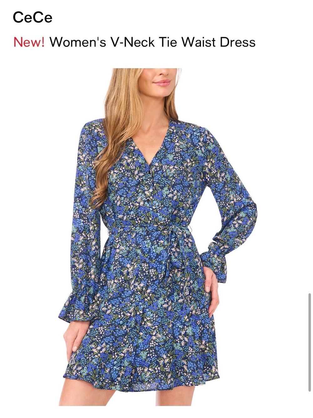 CeCe Blue Floral V-Neck Tie-Waist Mini Dress